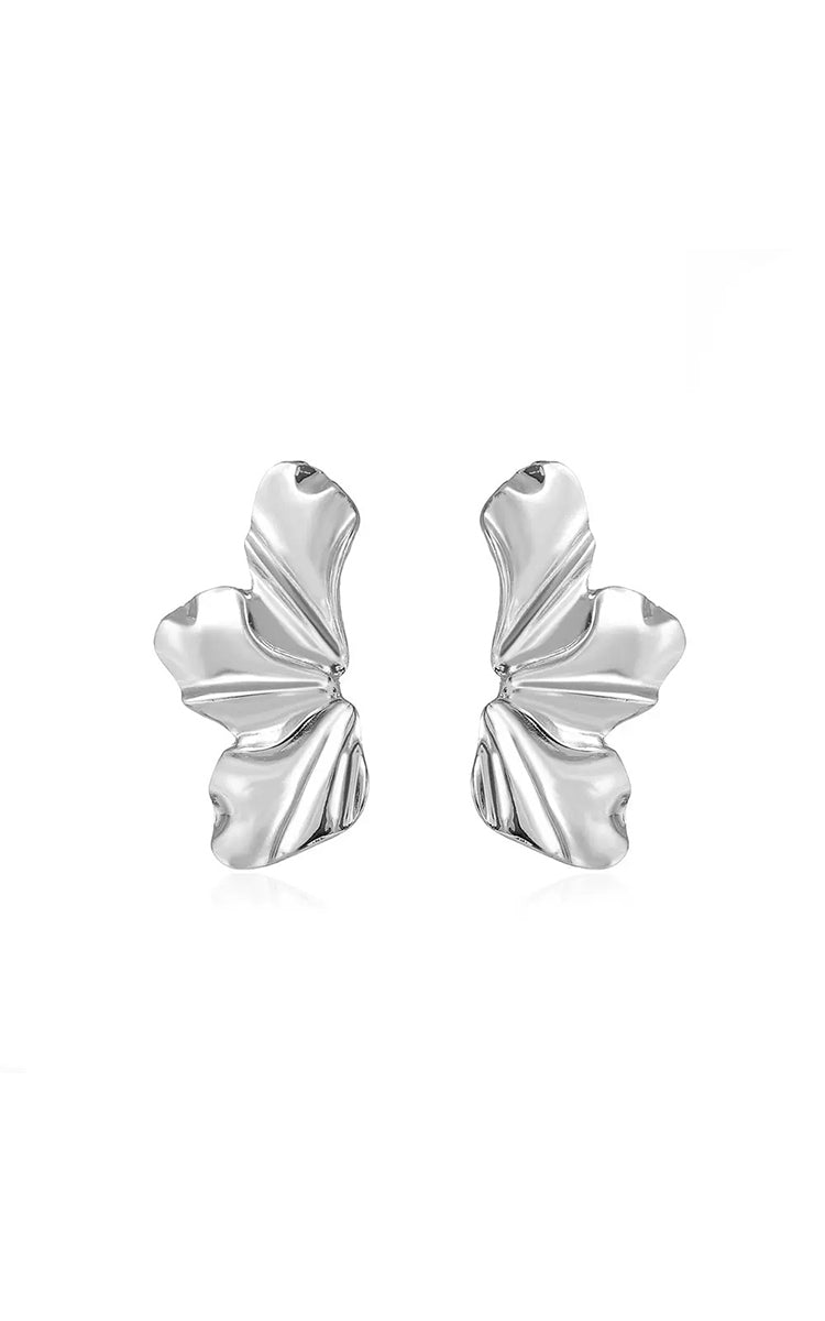 Pair of silver butterfly-shaped earrings on a white background
