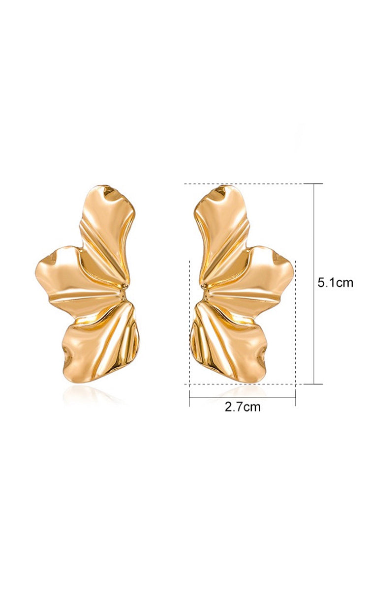 Gold butterfly-shaped earrings with measurements on a white background