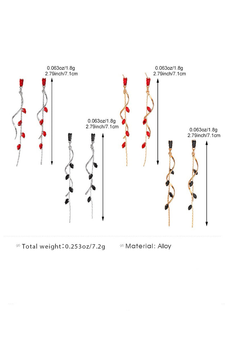 Set of earrings with measurements and material details on a white background