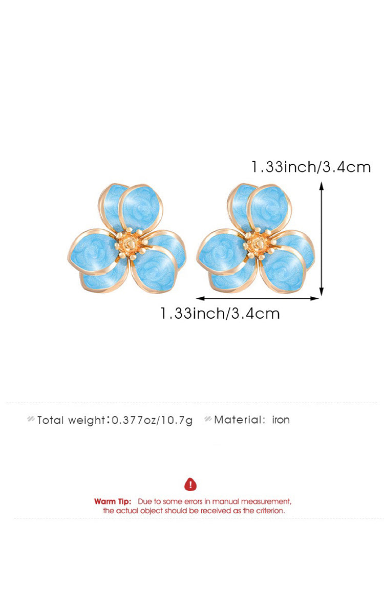 Blue flower-shaped earrings with yellow accents and measurements on a white background