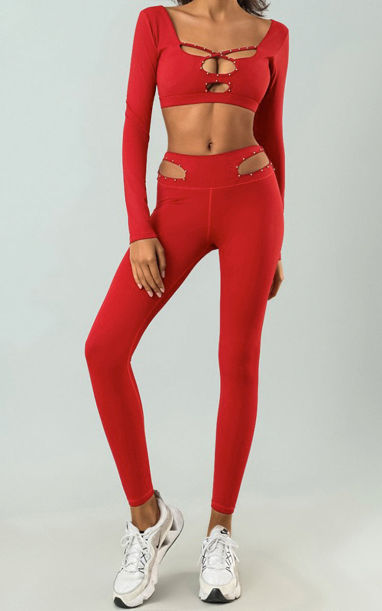 Model wears Edgy Skeleton Cutout Legging | Red | Front