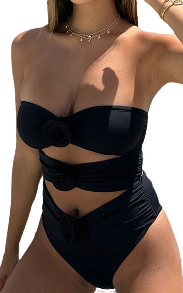 Model wears Black Off-Shoulder Rose Swimsuit