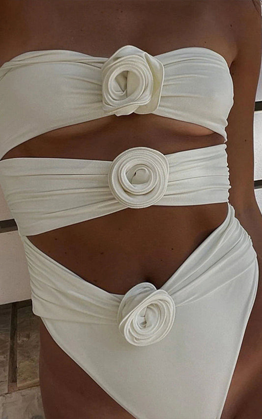 Model wears White Off-Shoulder Rose Swimsuit